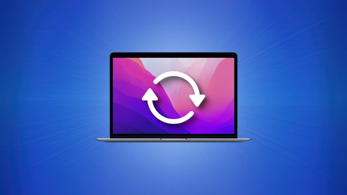 A MacBook with a restart icon on it. Blue background