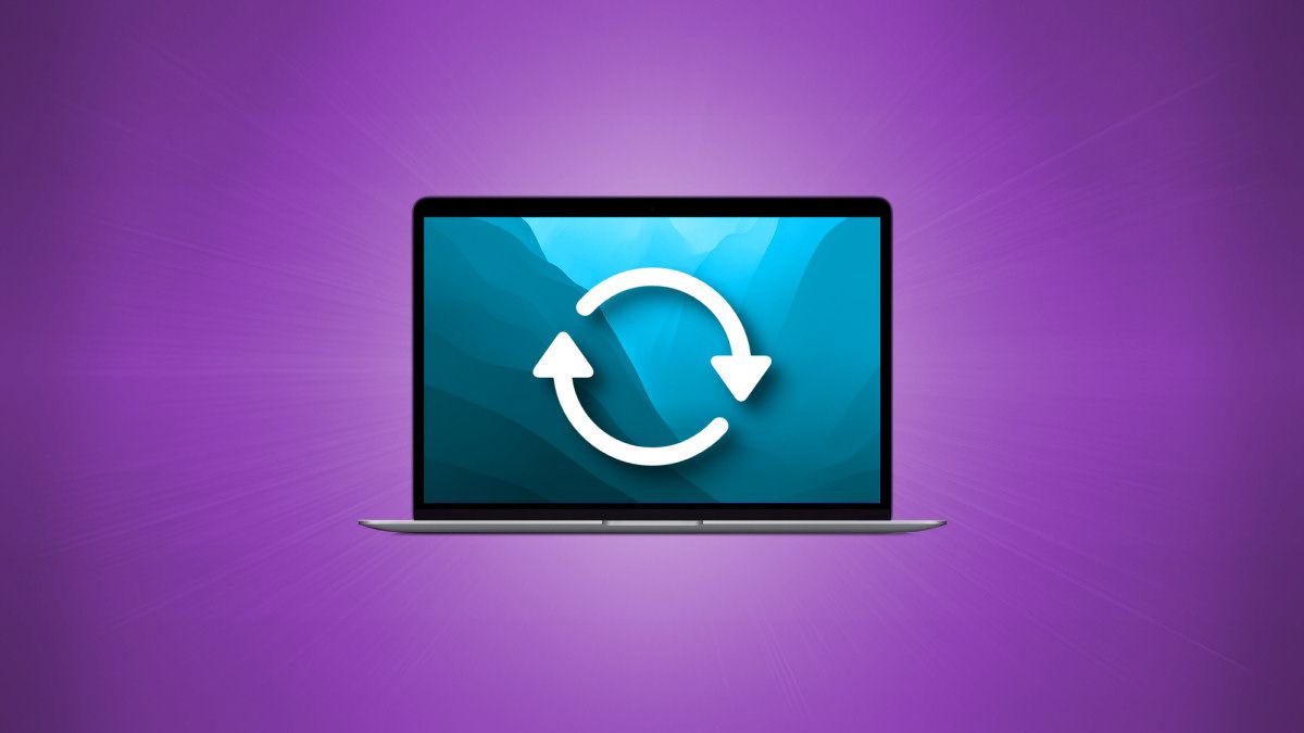 A MacBook with a restart icon on it. Purple background
