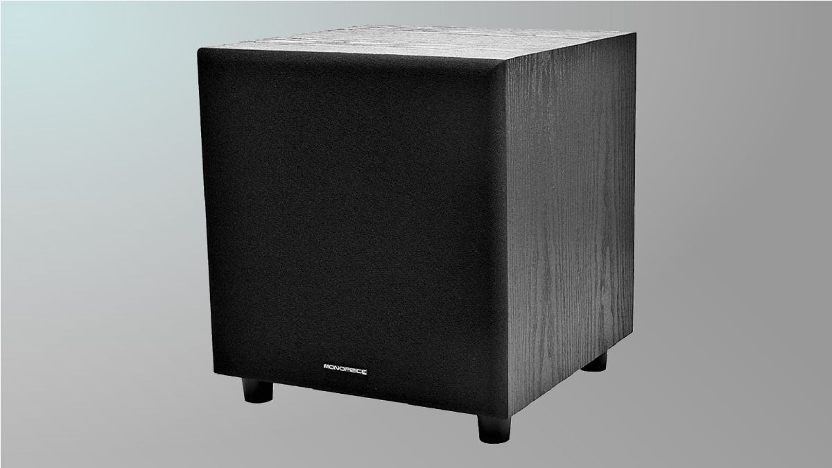 Monoprice subwoofer on grey background