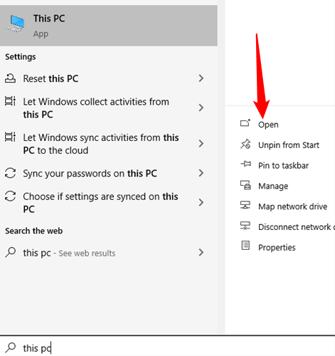 Search "This PC" in the search bar, then click "Open."