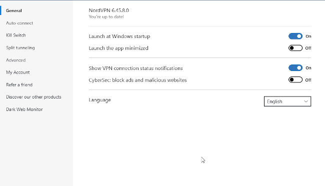 NordVPN's settings screen