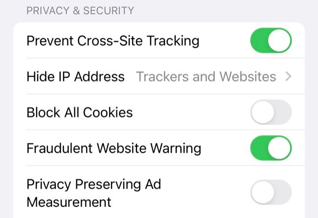 Safari privacy settings on iPhone
