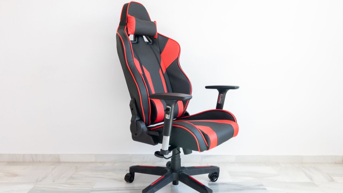 A gaming chair with black and red accents.