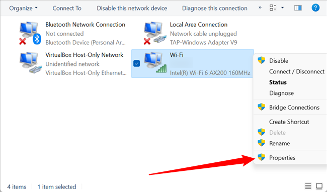 Right-click your Wi-Fi network adapter, then click "Properties,"