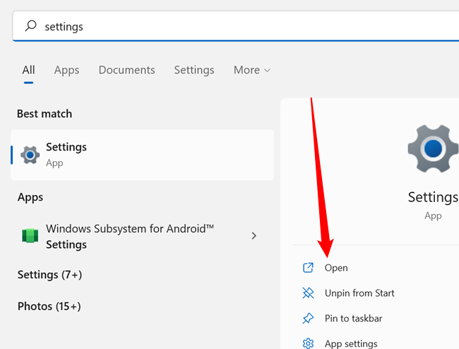 Type "Settings" into the Start Menu search bar, then click "Open" or hit Enter.