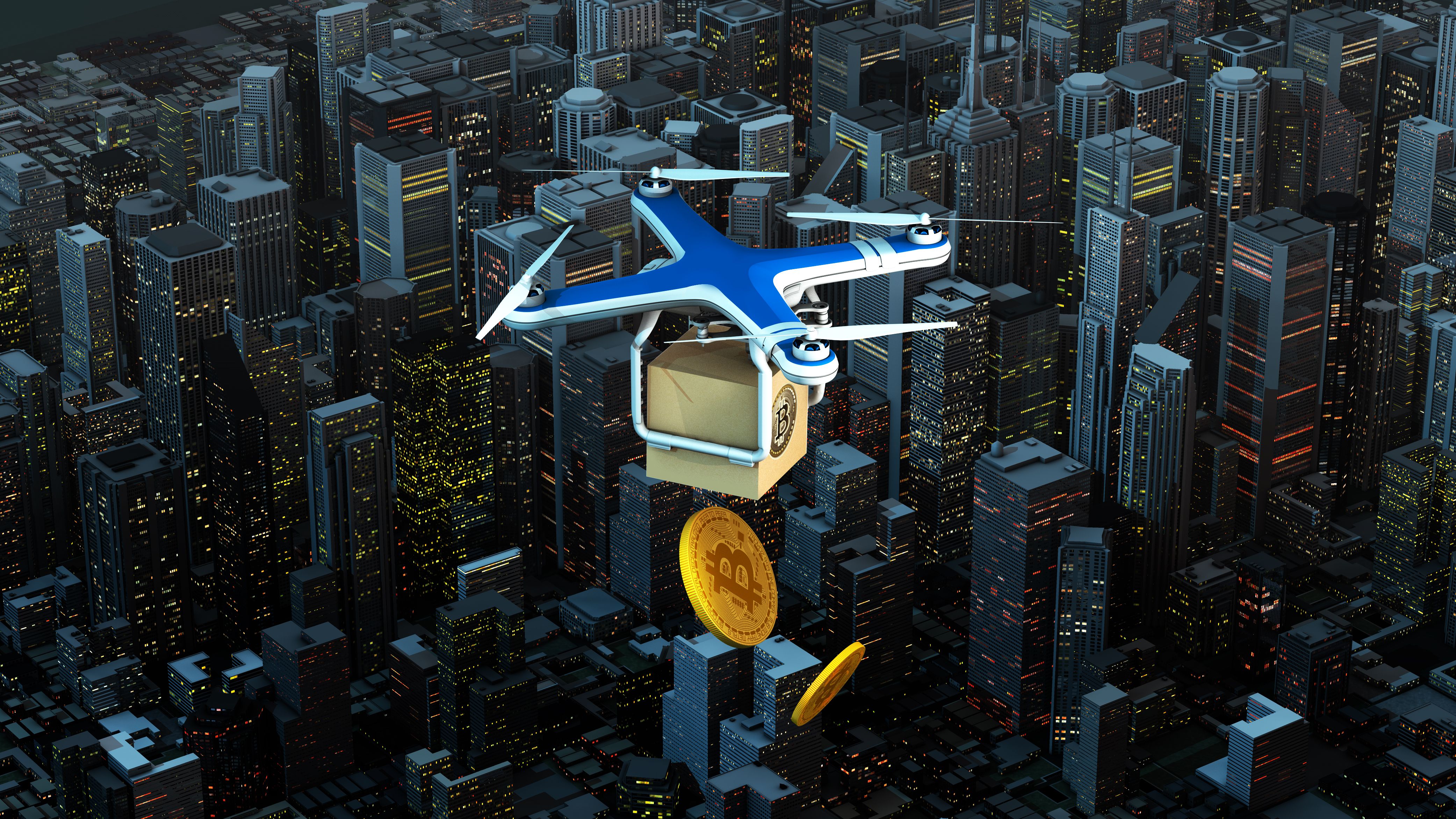 A drone dropping crypto coins over a city.
