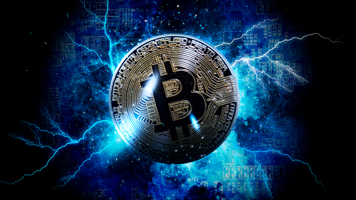 A Bitcoin token with lightning around it.