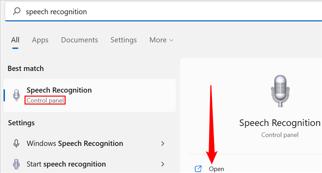 Search "speech recognition," and make sure that you select the Control Panel option.