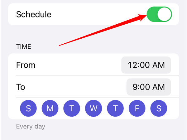Tap the toggle next to "Schedule" to disable scheduled Do Not Disturb times. 