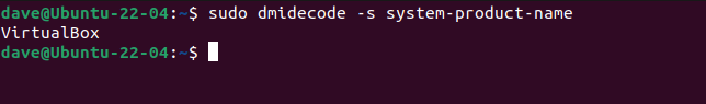 The dmidecode command correctly identifying a VirtualBox VM