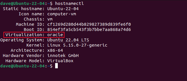 The output from the hostnamectl command in a VirtualBox VM with the virtualization line highlighted