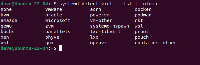 The complete set of responses that systemd-detect-virt can return
