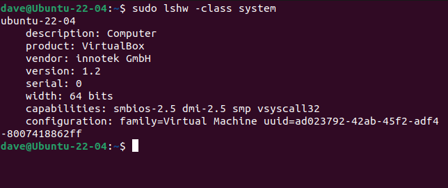 The lshw command reporting on a VirtualBox VM