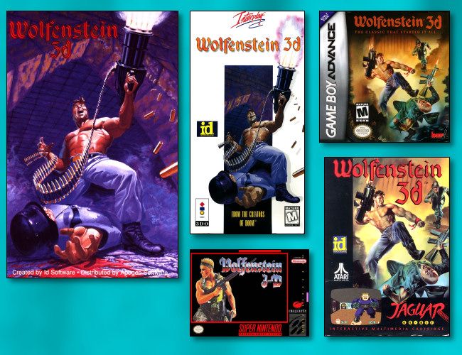 Box art for a selection of Wolfenstein 3D releases over the years.