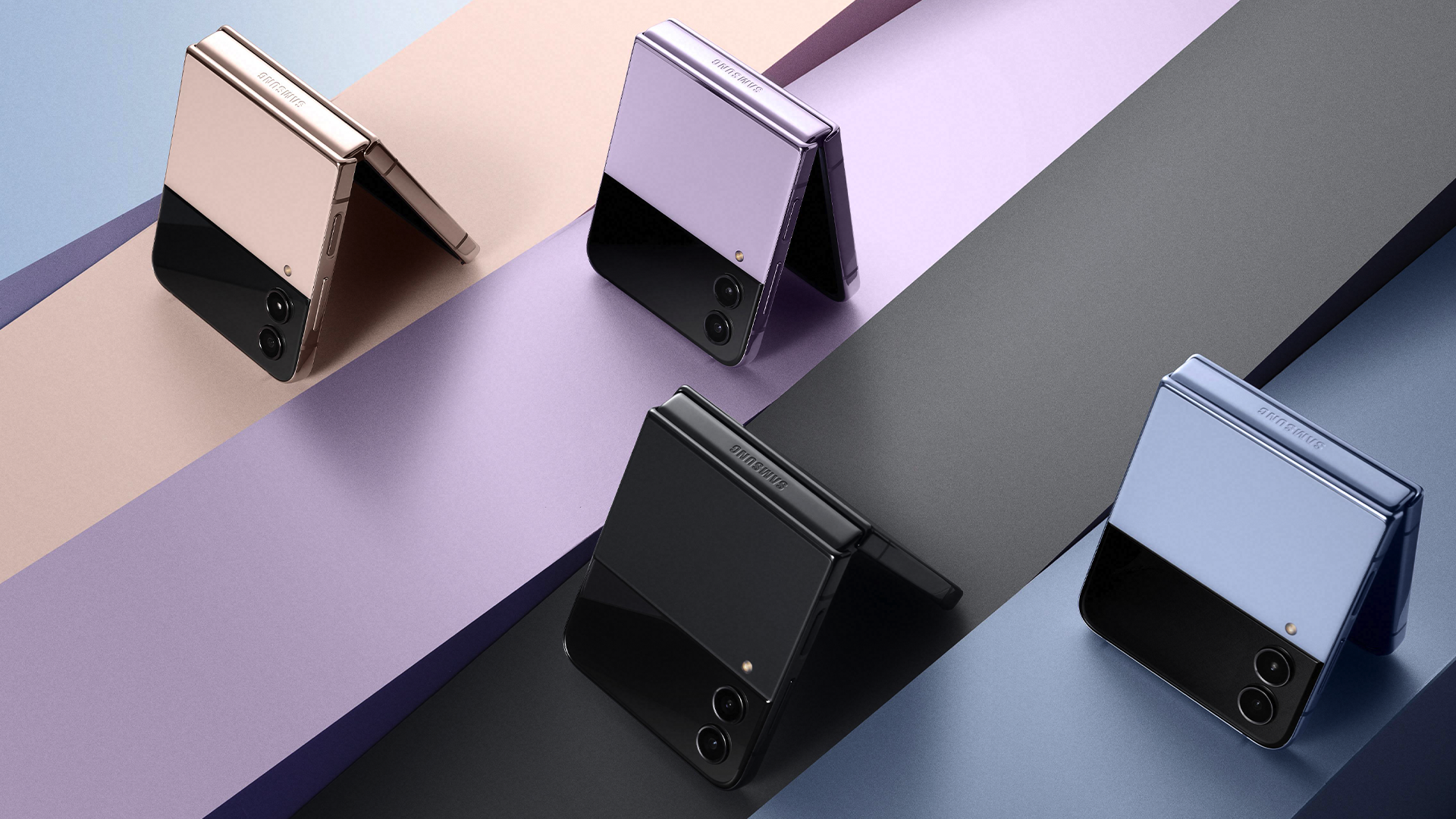 Samsung Galaxy Z Flip 4's colorways---purple, beige, blue, and black.