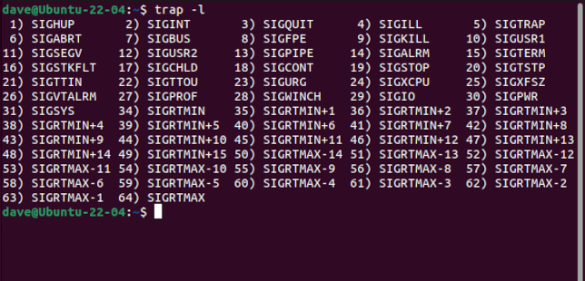 Listing the signals in Ubuntu with trap -l
