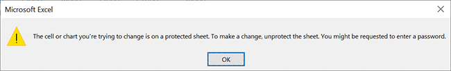 Excel's error message for attempting to alter locked cells.