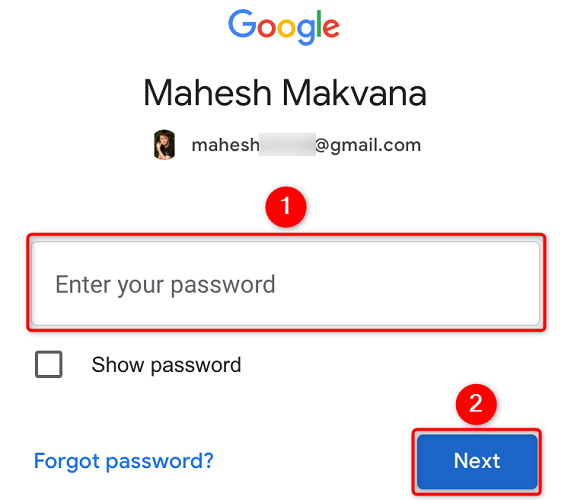 Enter the Gmail password and select "Next."