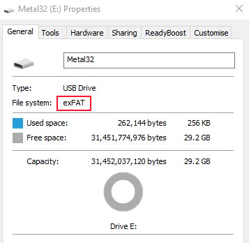 The properties of the USB drive in Windows 10