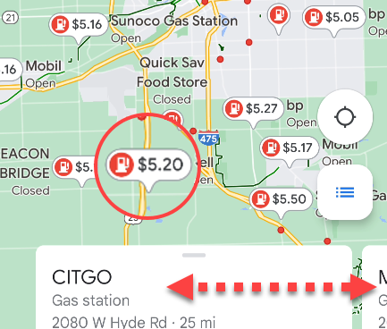 Gas prices on Google Maps mobile.