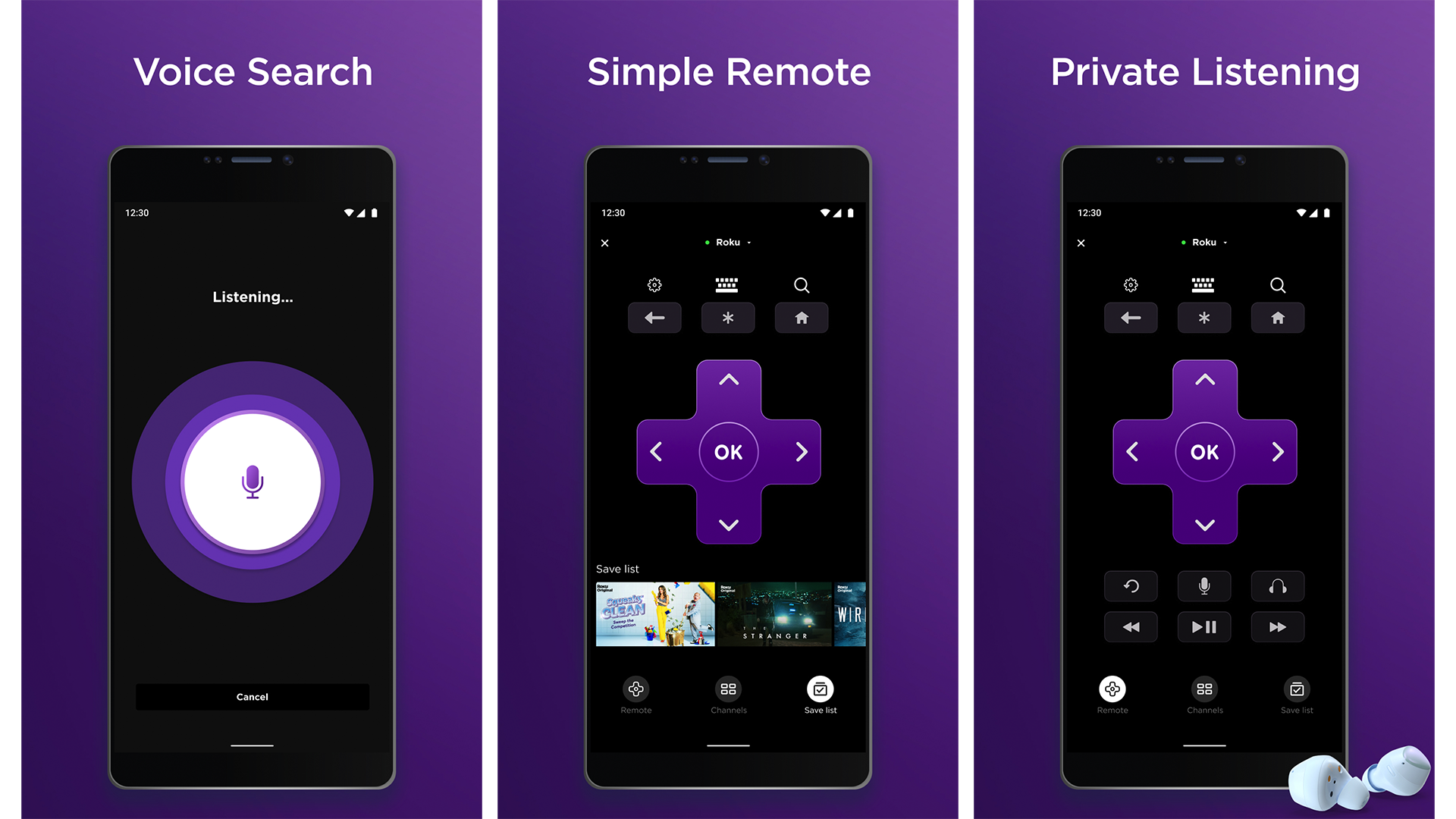 Screenshots showing remote functionality in the Roku app.