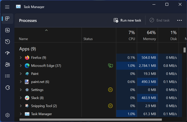 Windows 11's Task Manager in 22H2 in dark mode.