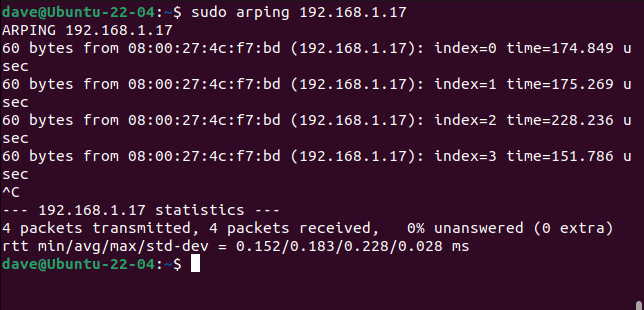 Using arping with an IP address