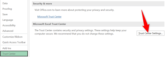 Choose "Trust Center Settings" on the right.