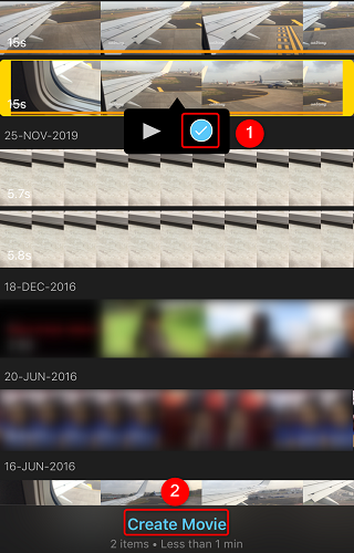 Select the videos to merge and tap 