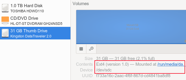 USB drive details listed in GNOME disks