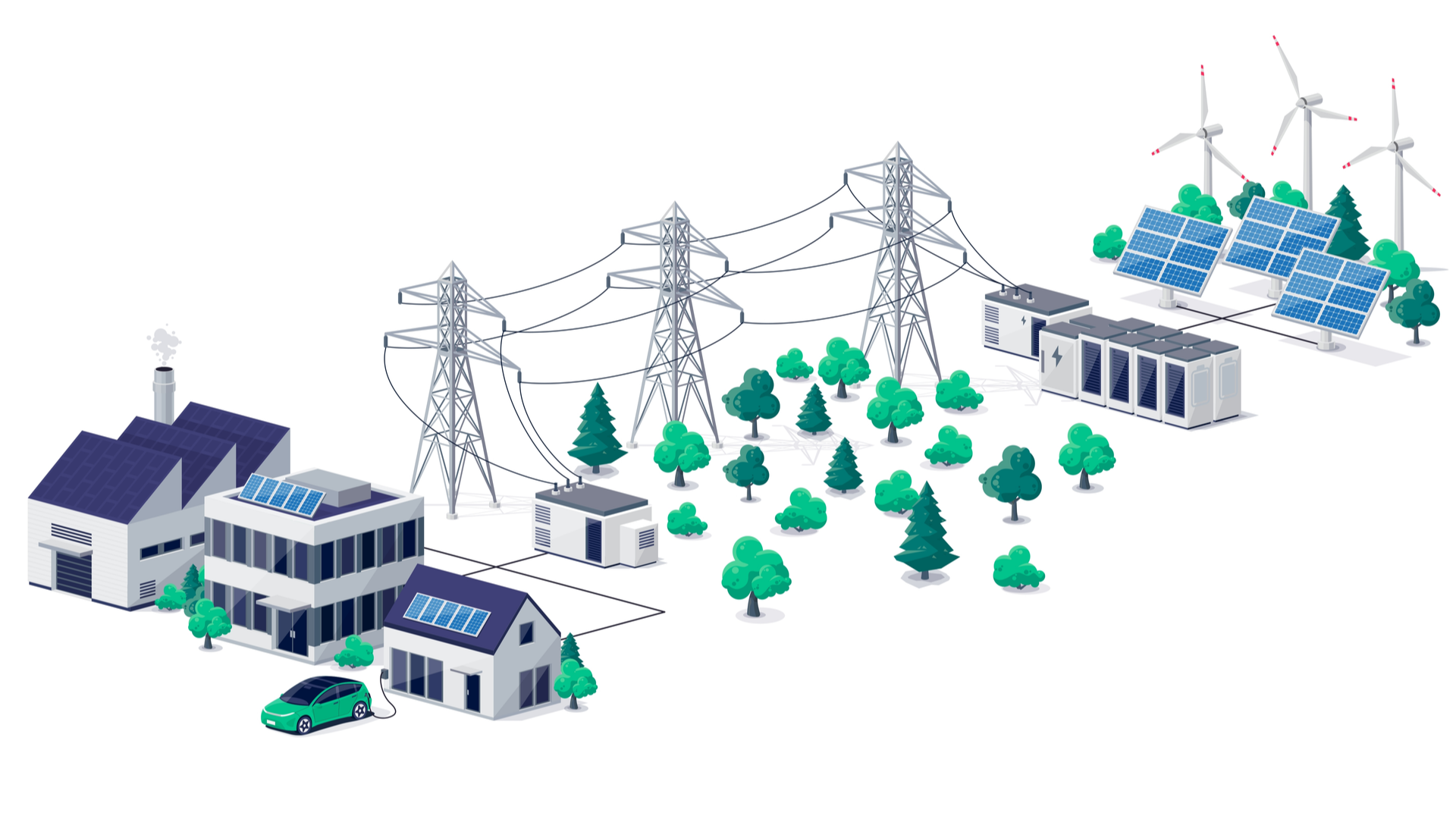 graphic showing the electric grid, homes, and EVs