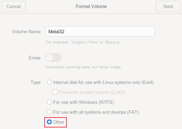 Providing a volume name for the USB drive in GNOME disks