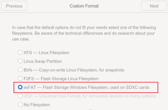 The exFAT radio button selected in the Custom Format dialog