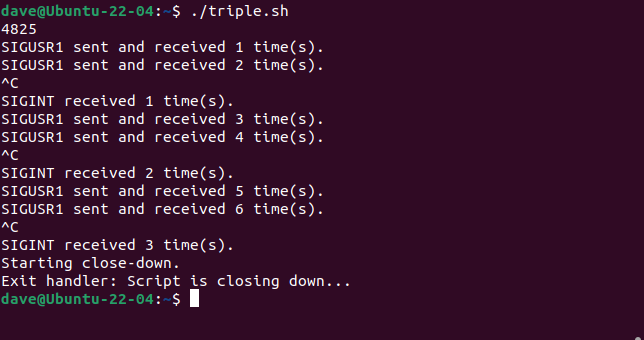 A script using SIGUSR1, requireing three Ctrl+C combinations to close, and catching the EXIT signal at shutdown