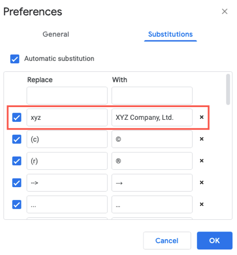 Substitution added in Preferences