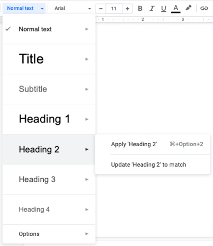 Heading styles in Google Docs