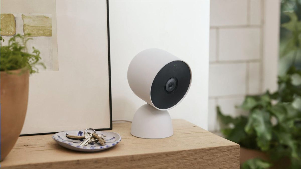 A Google Nest security camera in a home.