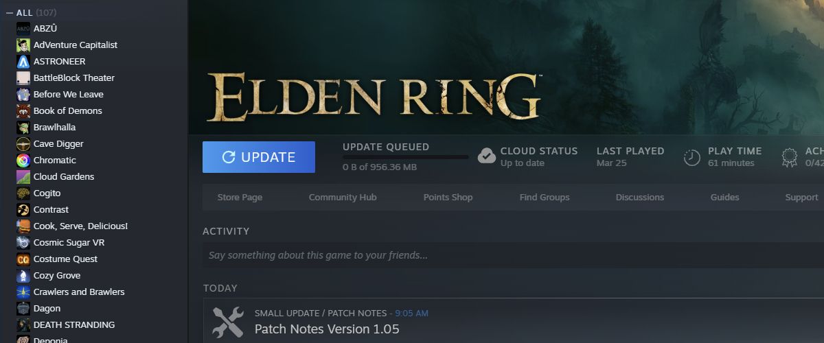 The update screen for the video game Elden Ring.