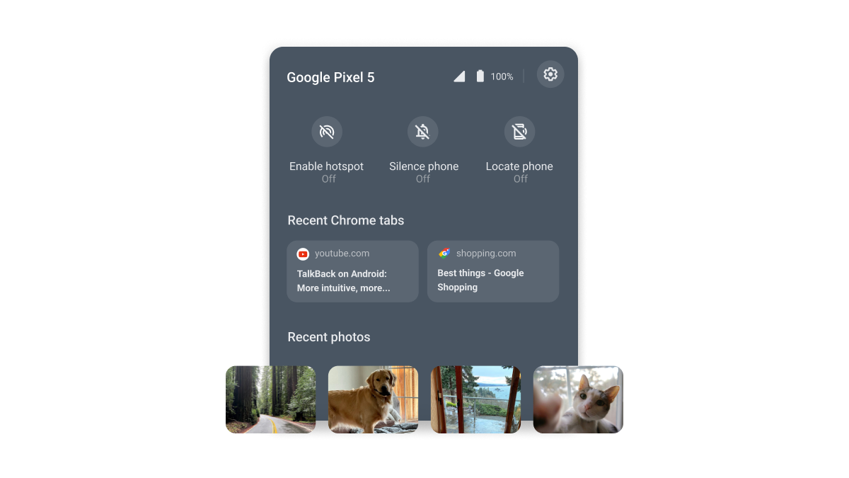 Chrome OS Phone Hub screenshot with recent photos
