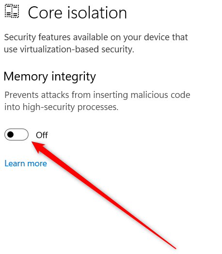 A red arrow pointing to the Memory Integrity on/off slider inside the Core Isolation option in the Windows Security app