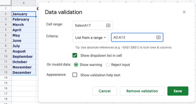 Data Validation for a list