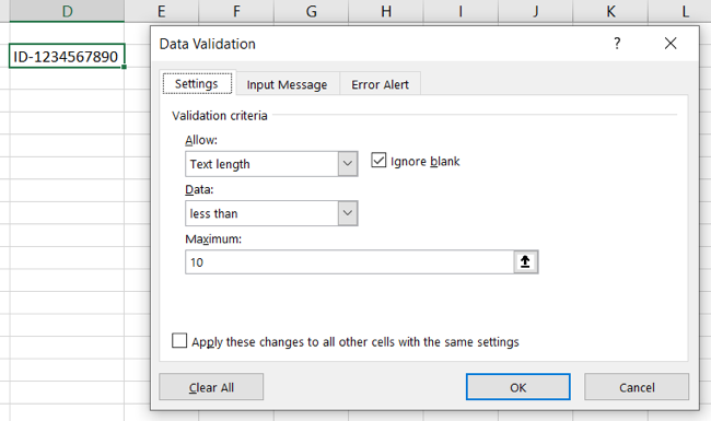 Data validation for a text limit