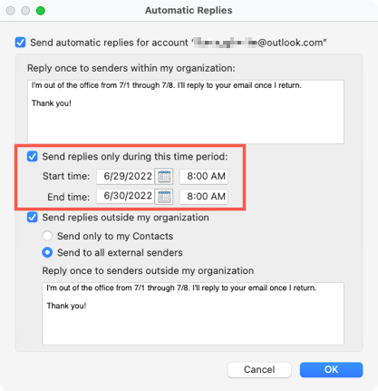 Dates for automatic replies on Mac