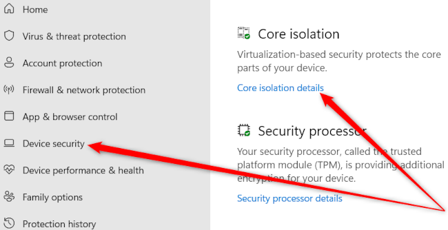 A portion of the Windows Security app with two red arrows pointing to the Device Security menu option, and the Core Isolation option