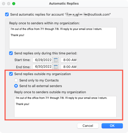 Send external replies in Outlook on Mac