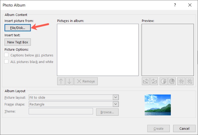 File, Disk button to insert photos