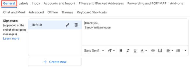 Signature section of the Gmail settings