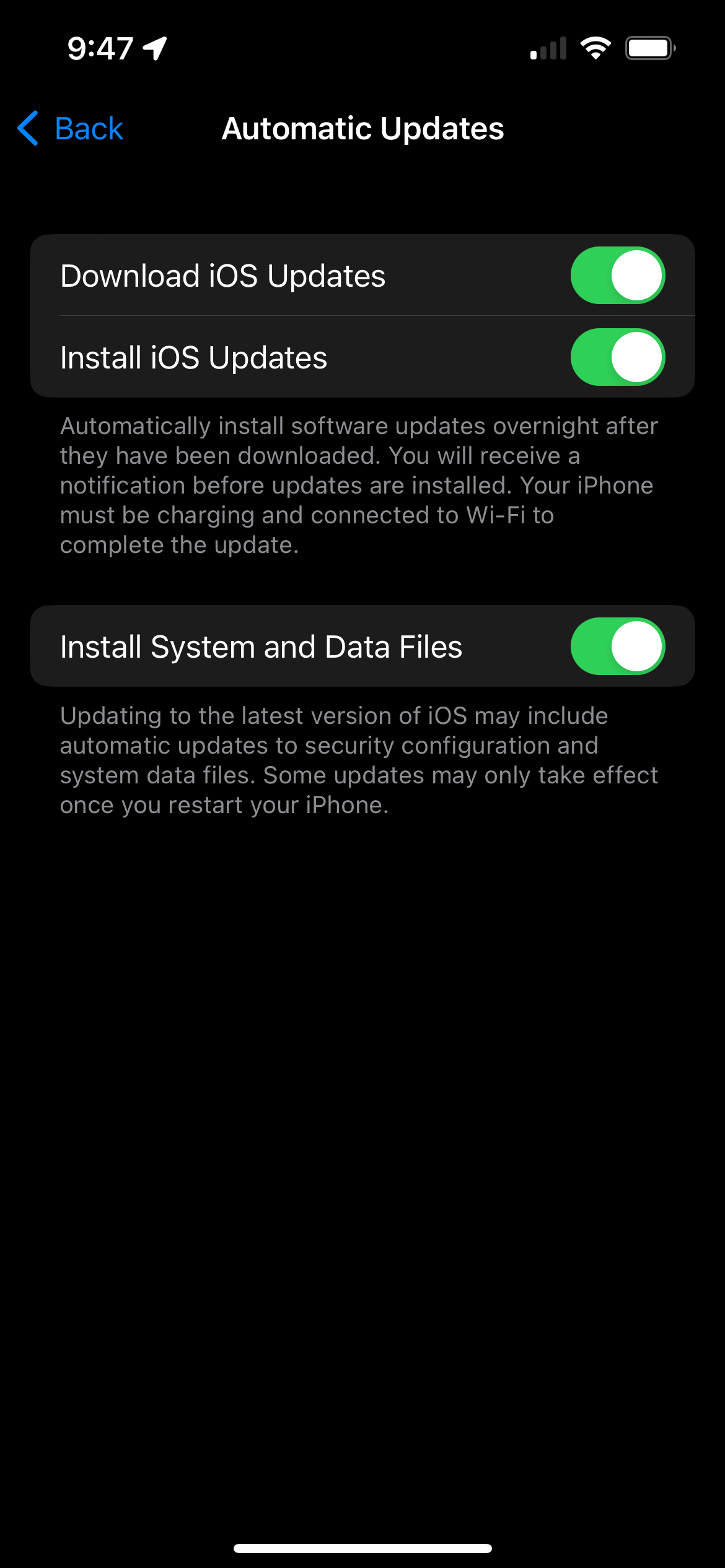 Automatic Updates screen with a 'Install System and Data Files' update toggle