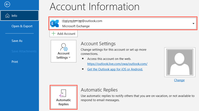 Info, Automatic Replies in Outlook on Windows