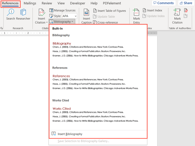 Built-in bibliographies in Word